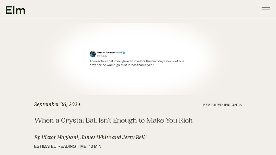 Screenshot of elmwealth.com: Crystal Ball Trading Game
