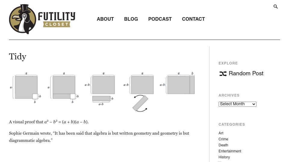 Screenshot of futilitycloset.com: A visual proof that a^2 – b^2 = (a + b)(a – b)