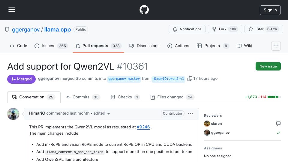 Screenshot of github.com: Llama.cpp Now Supports Qwen2-VL (Vision Language Model)