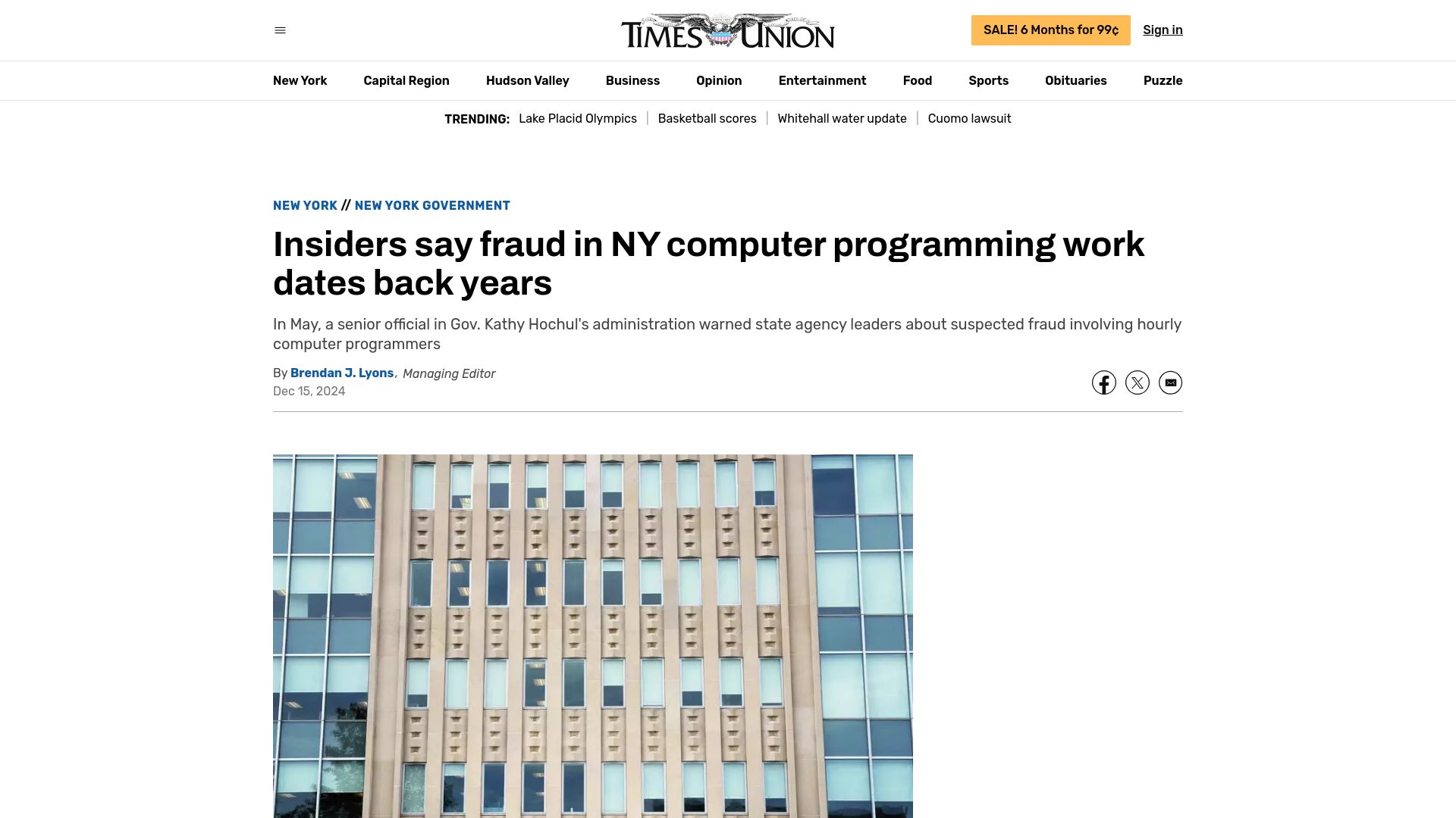 Screenshot of timesunion.com: Insiders say fraud in NY computer programming work dates back years