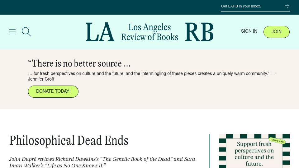 Screenshot of lareviewofbooks.org: Richard Dawkins: Philosophical Dead Ends