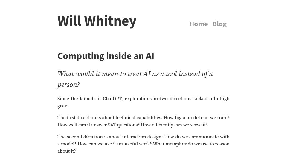 Screenshot of willwhitney.com: Computing Inside an AI