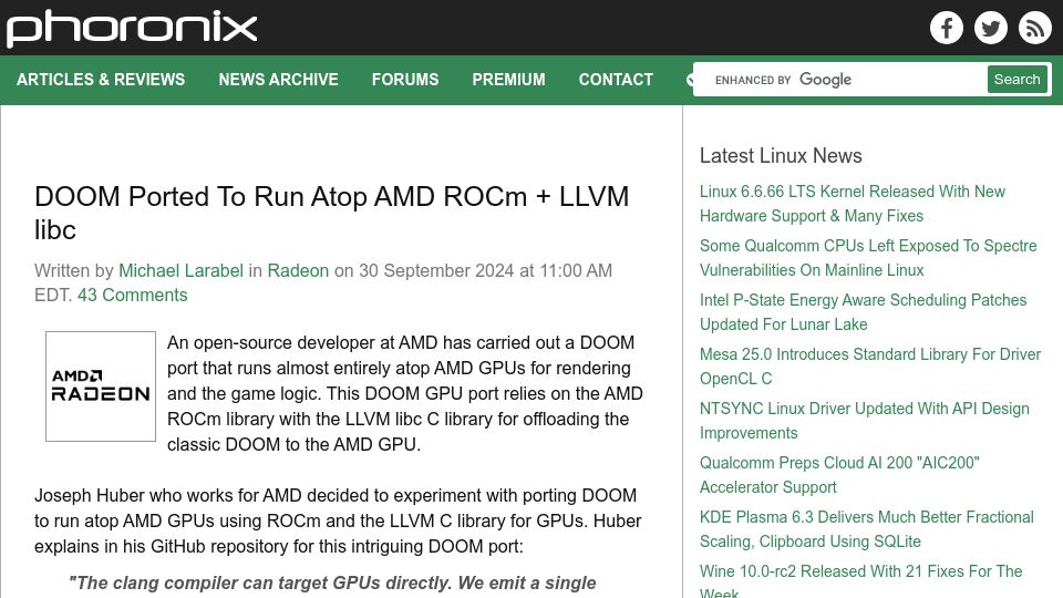 Screenshot of phoronix.com: DOOM ported to run atop AMD ROCm + LLVM libc