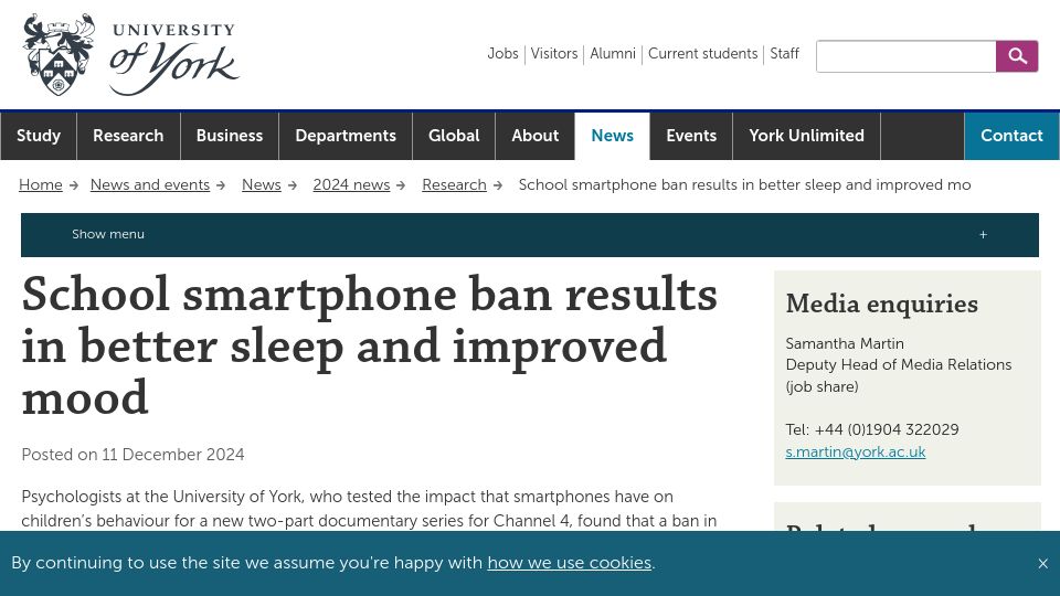 Screenshot of york.ac.uk: School smartphone ban results in better sleep and improved mood: study