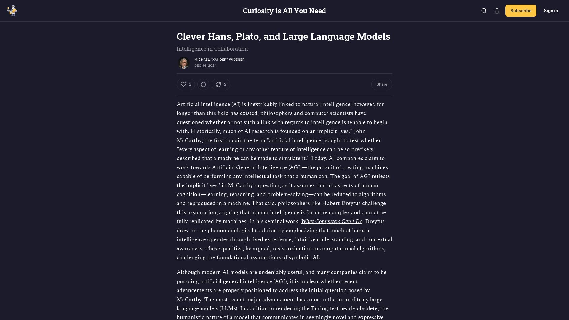 Screenshot of aalokbhattacharya.substack.com: The Clever Hans Effect, Iterative LLM Prompting, and Socrates' Meno