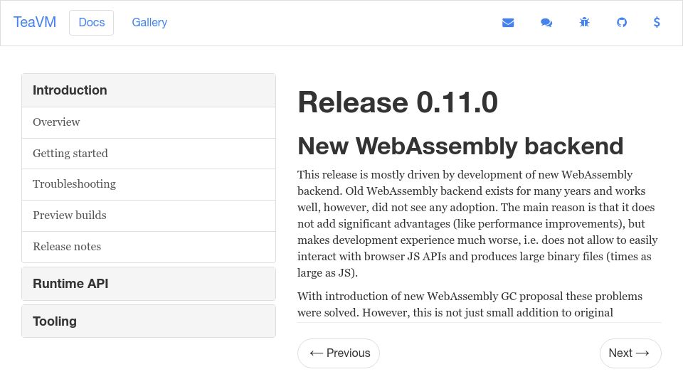 Screenshot of teavm.org: New Java to WASM GC Transpiler: Run Java in the Browser, No Plugin Required