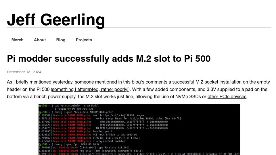 Screenshot of jeffgeerling.com: Pi modder successfully adds M.2 slot to Pi 500