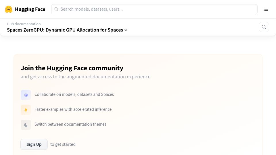 Screenshot of huggingface.co: Spaces ZeroGPU: Dynamic GPU Allocation for Spaces