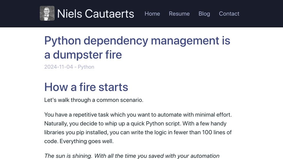 Screenshot of nielscautaerts.xyz: Problems with Python dependency management