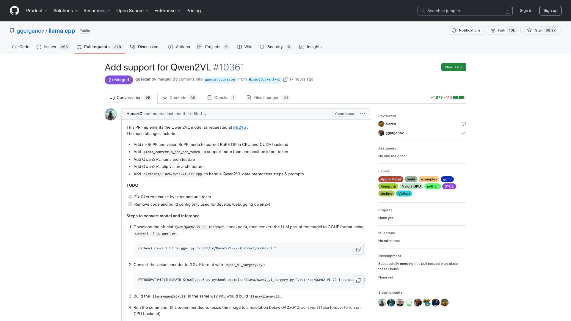 Screenshot of github.com: Llama.cpp Now Supports Qwen2-VL (Vision Language Model)
