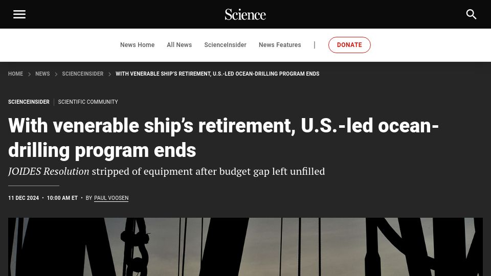 Screenshot of science.org: With venerable ship's retirement, U.S.-led ocean-drilling program ends