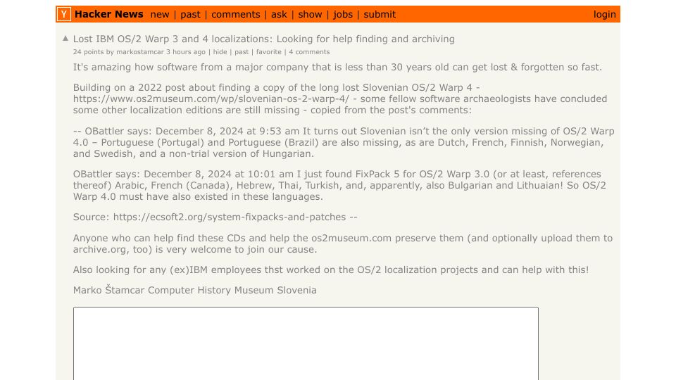 Screenshot of Hacker News post: Lost IBM OS/2 Warp 3 and 4 localizations: Looking for help finding and archiving