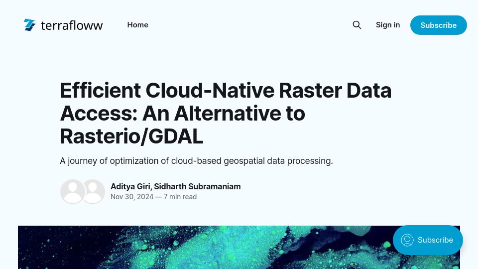 Screenshot of blog.terrafloww.com: A journey of optimization of cloud-based geospatial data processing