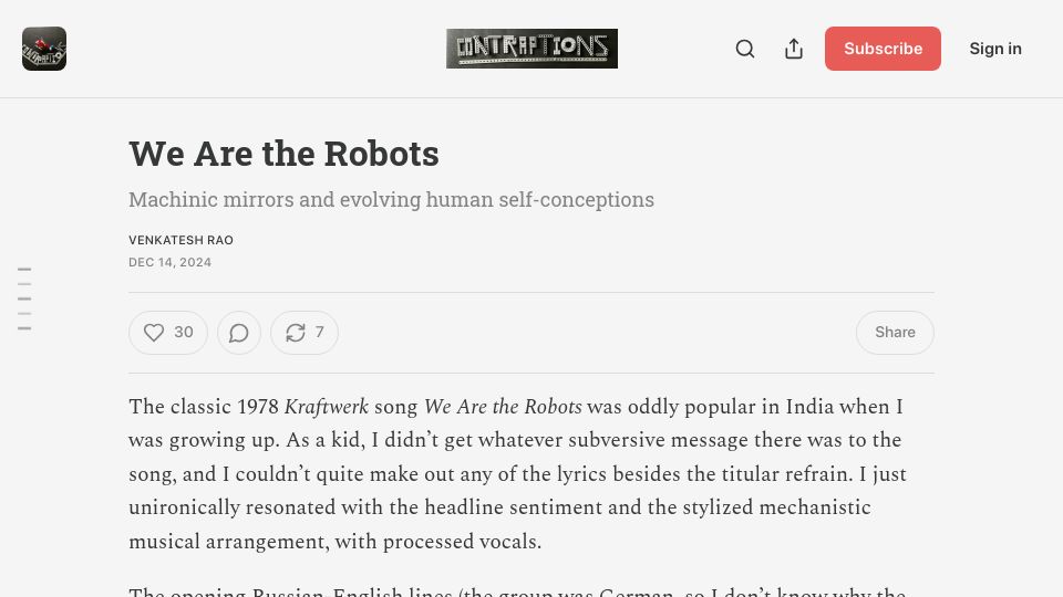 Screenshot of contraptions.venkateshrao.com: We Are the Robots