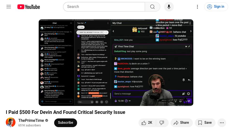 Screenshot of youtube.com: Devin AI security vulnerability discovered live on stream [video]