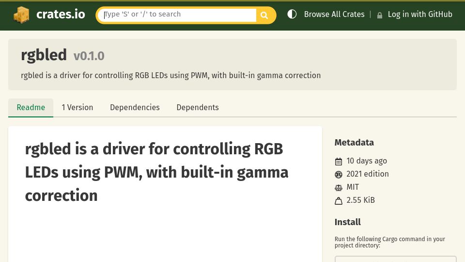 Screenshot of crates.io: A driver for controlling RGB LEDs using PWM, with gamma correction