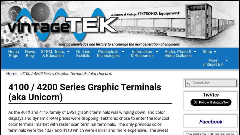 Screenshot of vintagetek.org: 4100 / 4200 Series Graphic Terminals (a.k.a. Unicorn)
