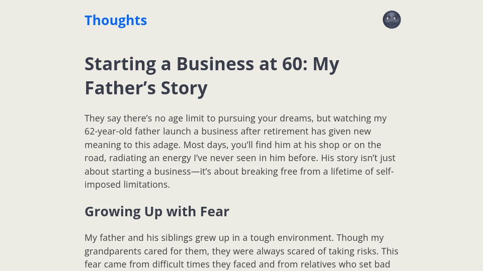 Screenshot of thoughts.jatintiwari.com: Starting a Business at 60: My Father's Story