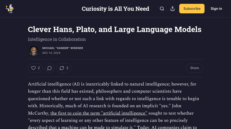 Screenshot of aalokbhattacharya.substack.com: The Clever Hans Effect, Iterative LLM Prompting, and Socrates' Meno