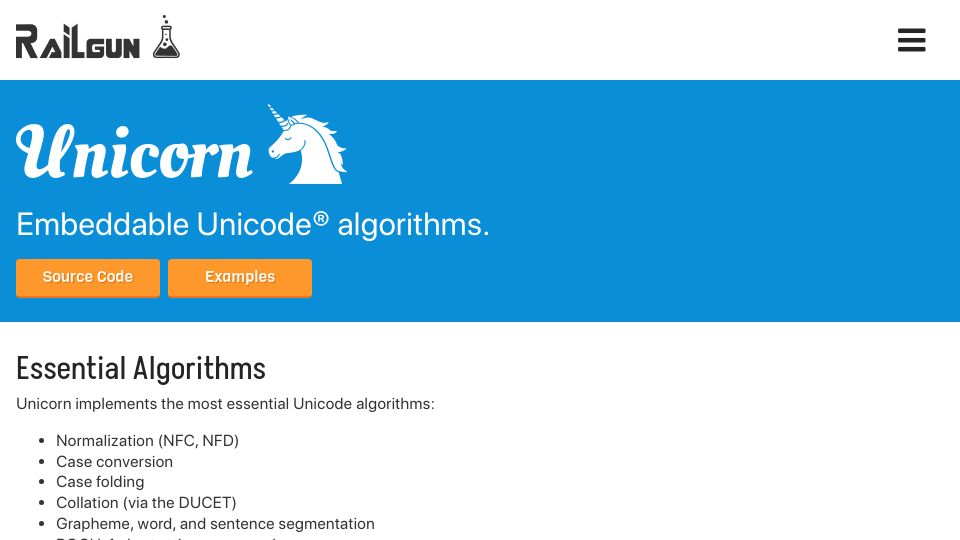 Screenshot of railgunlabs.com: Show HN: I built an embeddable Unicode library with MISRA C conformance