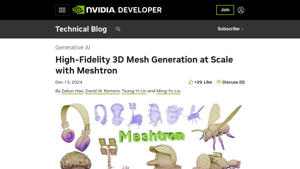 Screenshot of developer.nvidia.com: High-Fidelity 3D Mesh Generation at Scale with Meshtron – Nvidia Technical Blog