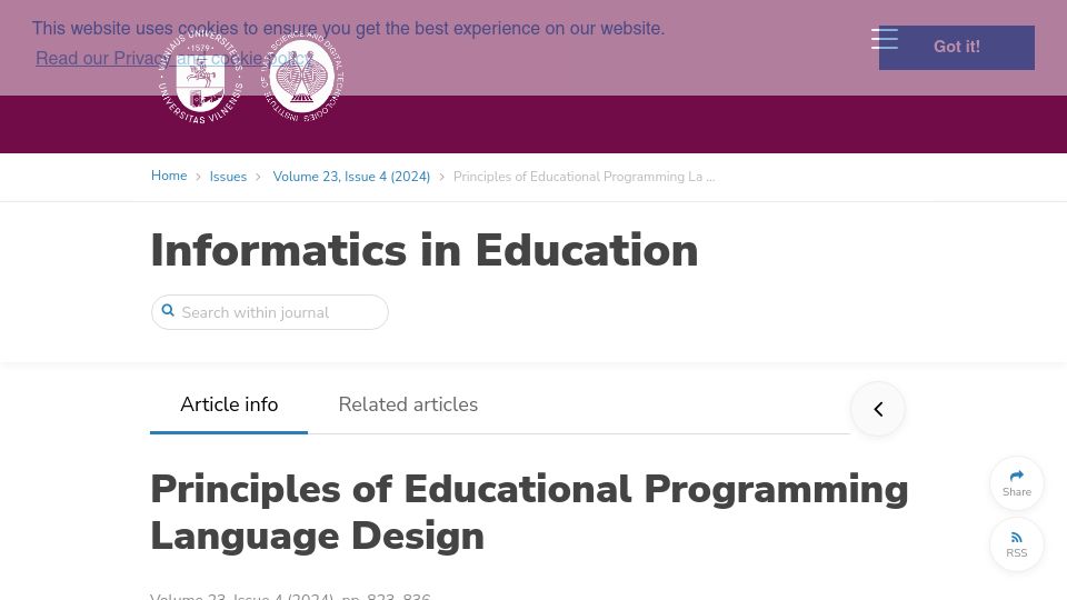 Screenshot of infedu.vu.lt: Principles of Educational Programming Language Design
