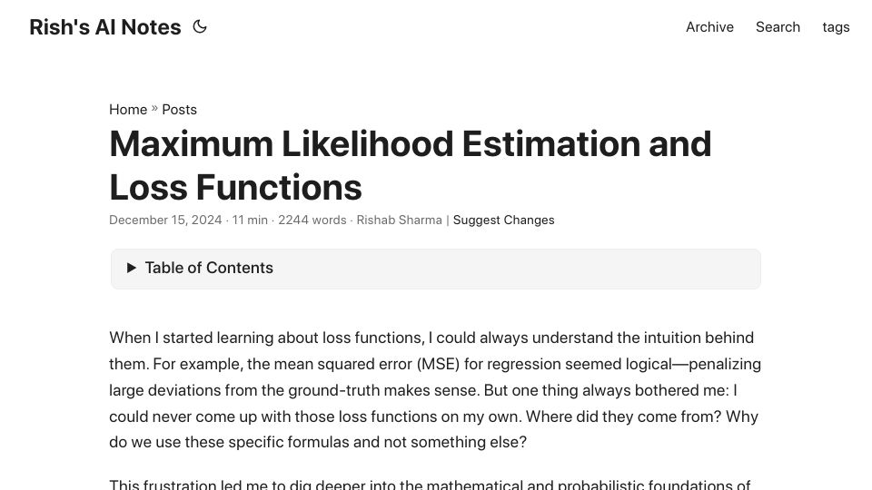 Screenshot of rish-01.github.io: Maximum likelihood estimation and loss functions
