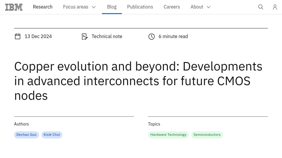 Screenshot of research.ibm.com: Copper evolution and beyond: Advanced interconnects for future CMOS nodes