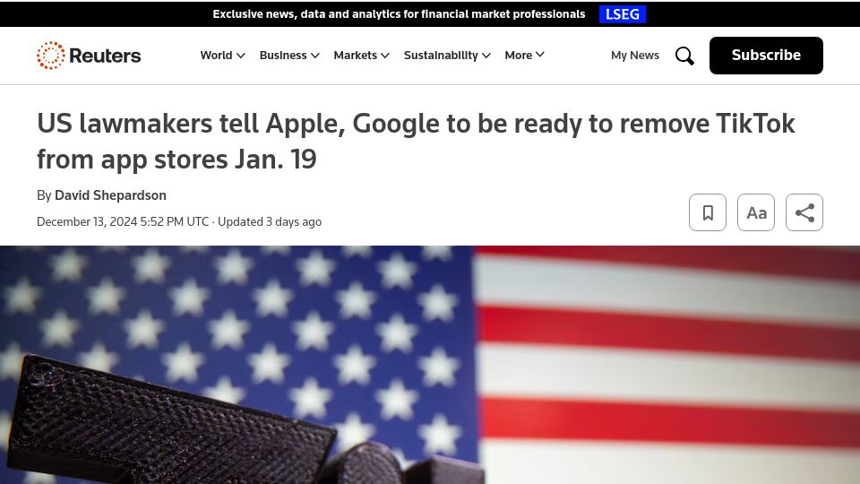 Screenshot of reuters.com: US lawmakers tell Apple, Google to be ready to remove TikTok from stores Jan. 19