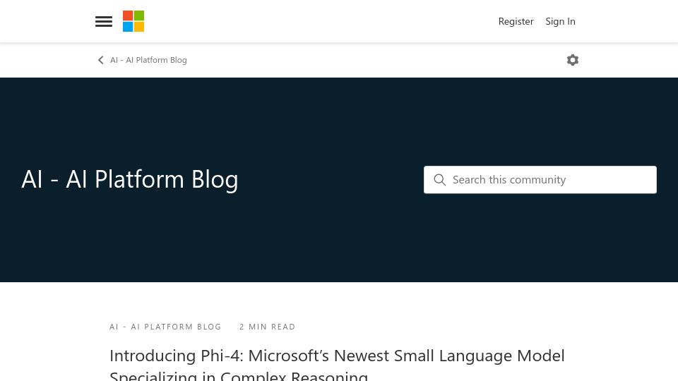 Screenshot of techcommunity.microsoft.com: Phi-4: Microsoft's Newest Small Language Model Specializing in Complex Reasoning