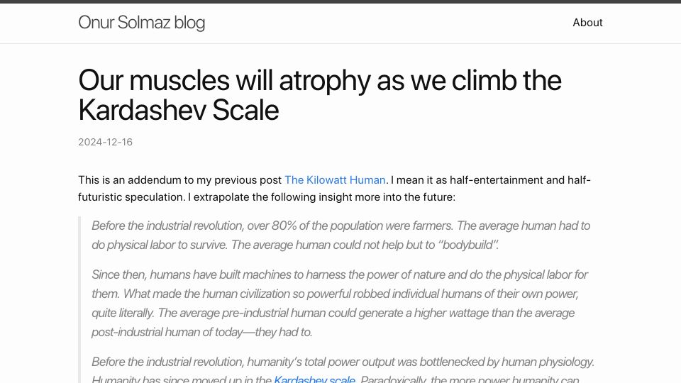 Screenshot of solmaz.io: Our muscles will atrophy as we climb the Kardashev Scale