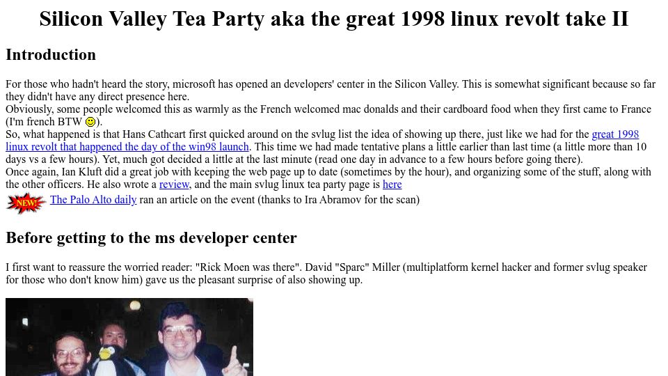 Screenshot of marc.merlins.org: Silicon Valley Tea Party a.k.a. the great 1998 Linux revolt take II (1999)