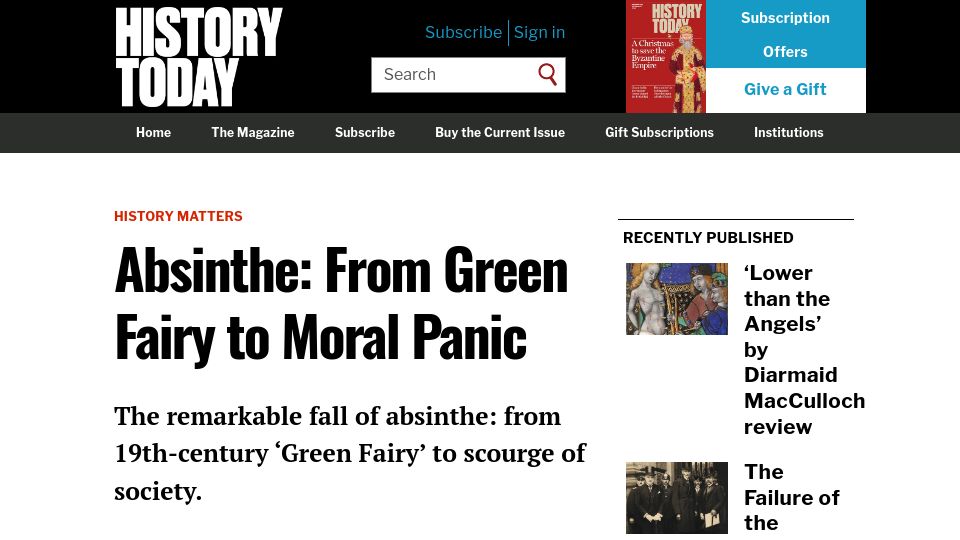 Screenshot of historytoday.com: Absinthe: From green fairy to moral panic