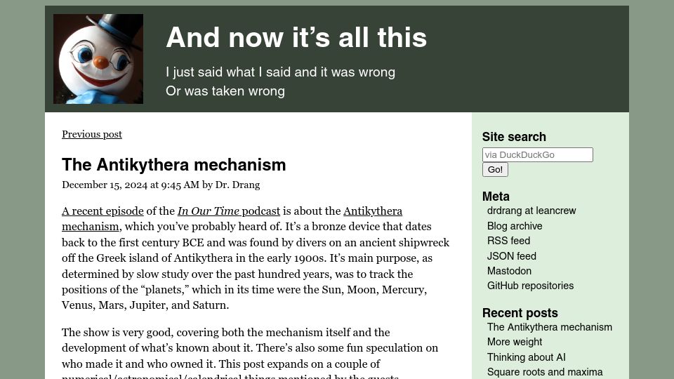 Screenshot of leancrew.com: The Antikythera mechanism – 254:19 ratio