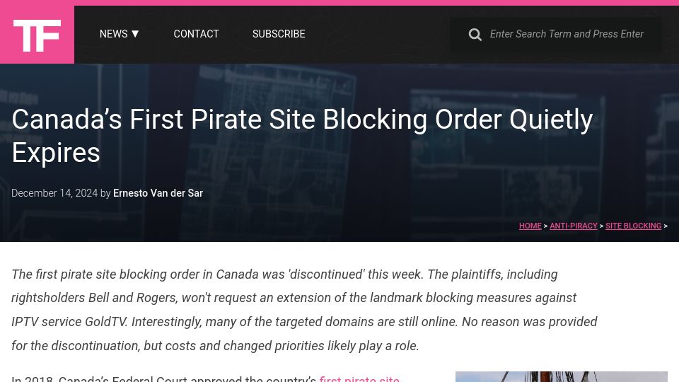 Screenshot of torrentfreak.com: Canada's First Pirate Site Blocking Order Expires