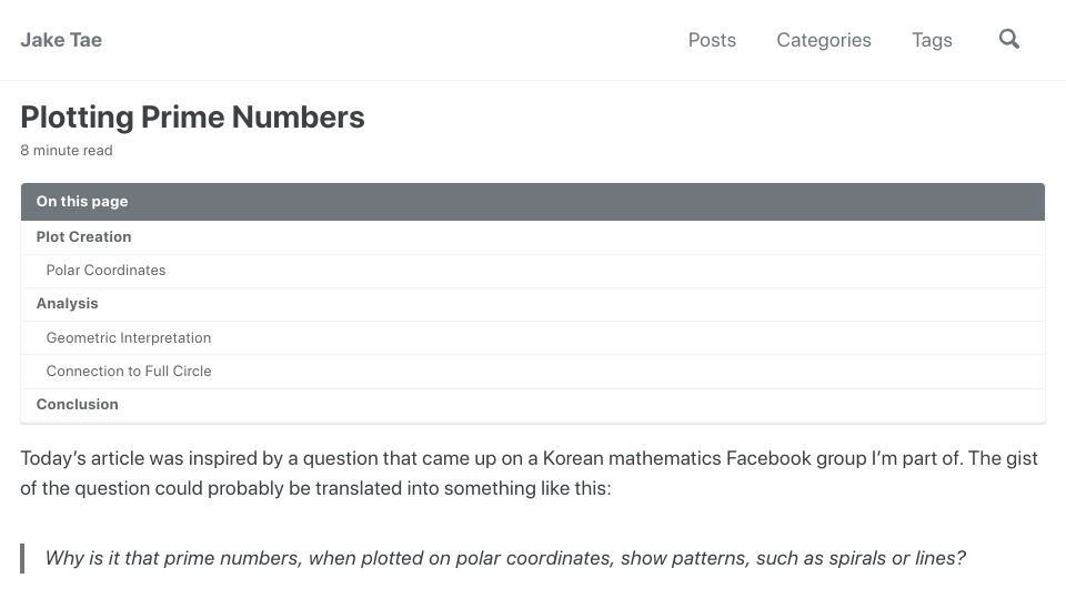 Screenshot of jaketae.github.io: Plotting Prime Numbers (2021)