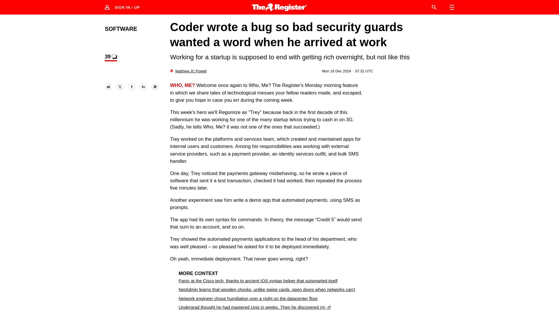 Screenshot of theregister.com: Coder wrote a bug so bad security guards wanted a word when he arrived at work