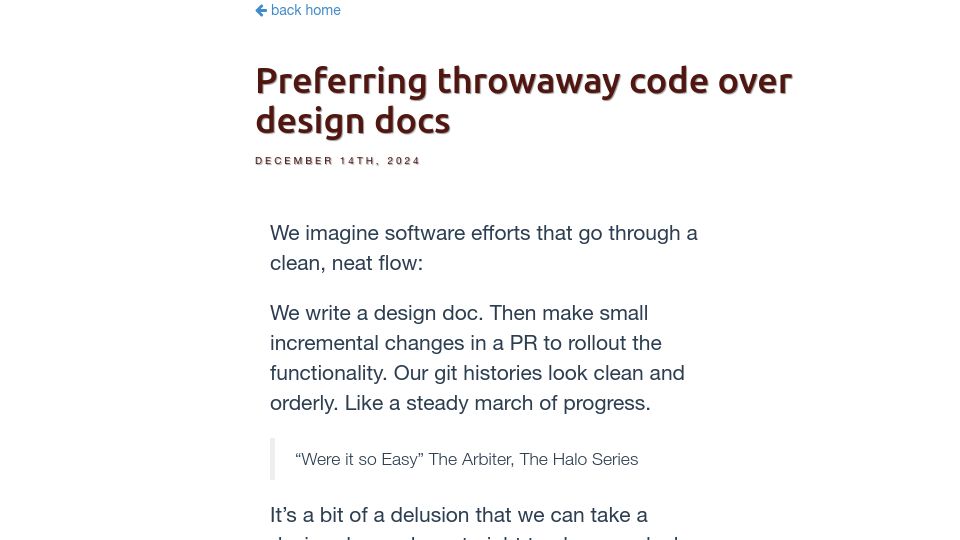 Screenshot of softwaredoug.com: Preferring throwaway code over design docs