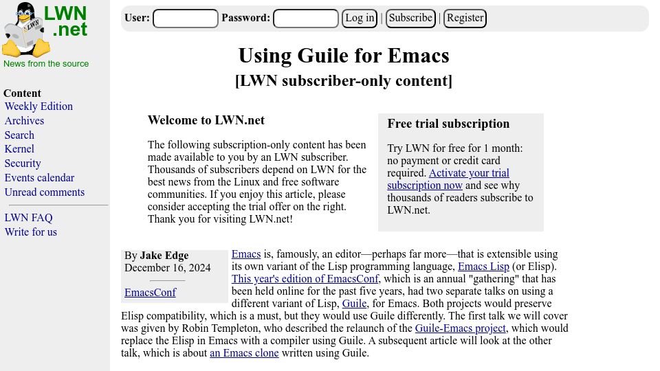 Screenshot of lwn.net: Using Guile for Emacs