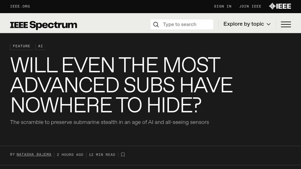 Screenshot of spectrum.ieee.org: Will even the most advanced subs have nowhere to hide?