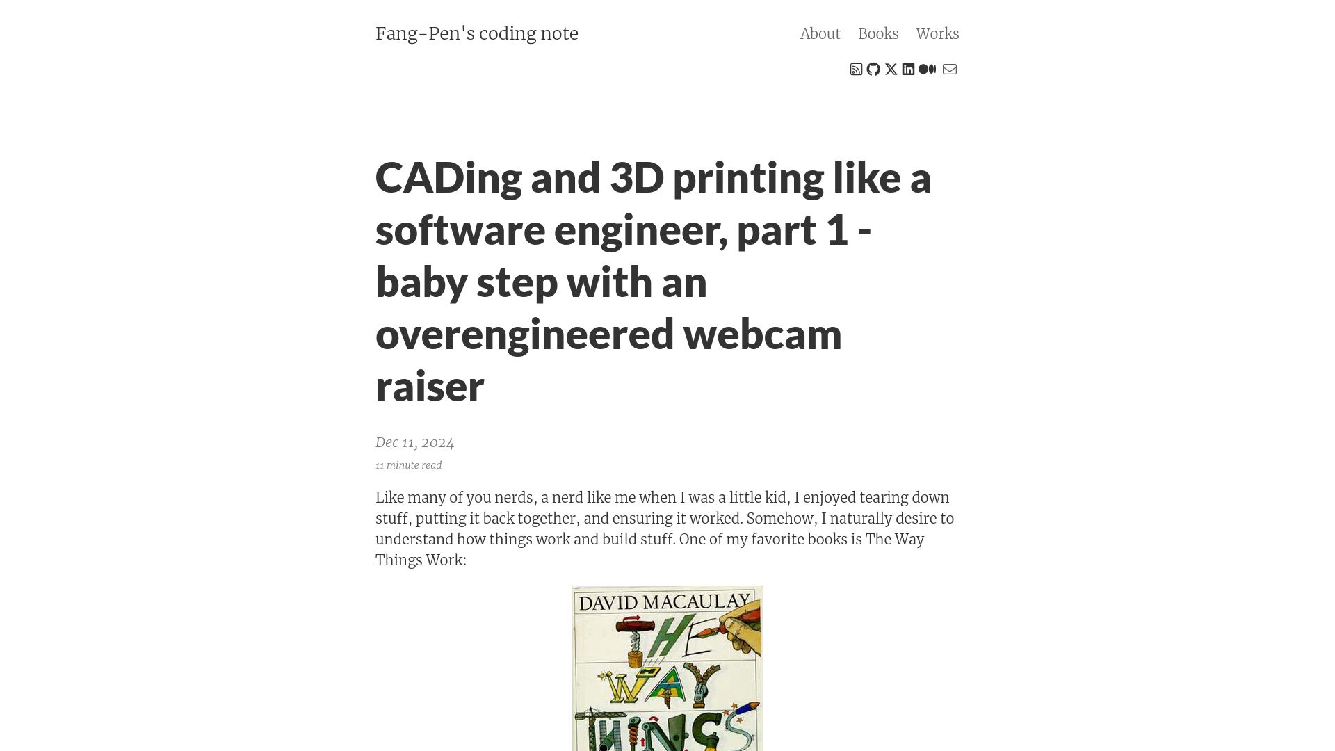 Screenshot of fangpenlin.com: CADing and 3D printing like a software engineer