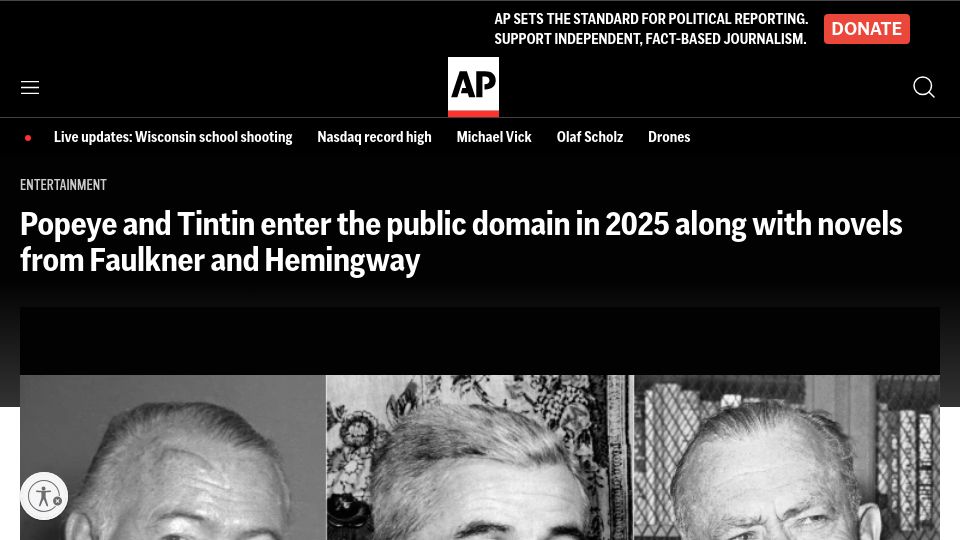 Screenshot of apnews.com: Popeye and Tintin enter the public domain in 2025 along with Faulkner, Hemingway