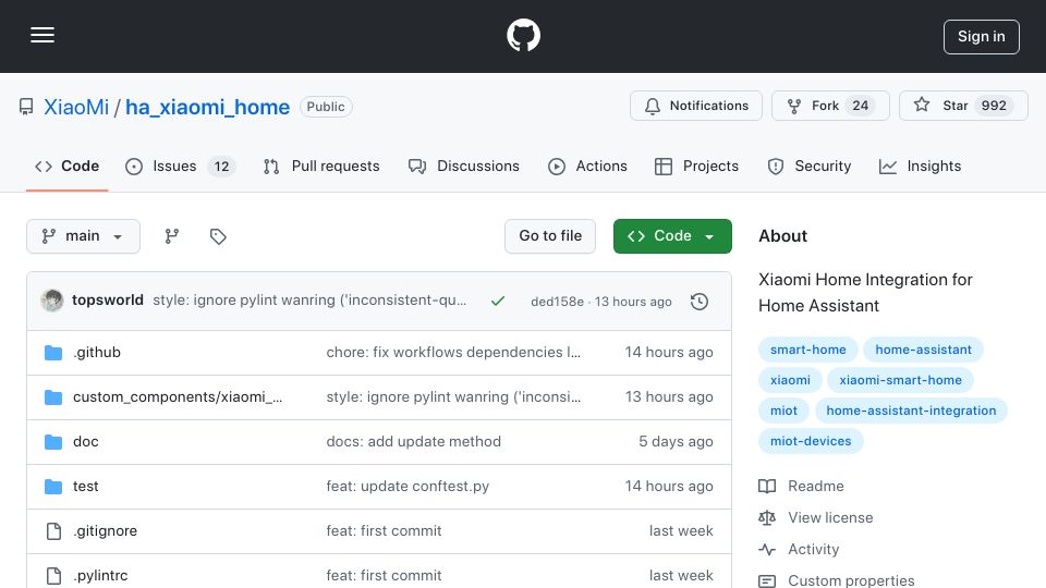 Screenshot of github.com: Xiaomi Home Integration for Home Assistant