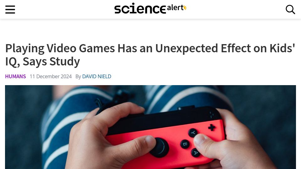 Screenshot of sciencealert.com: Playing video games boosts IQ in children