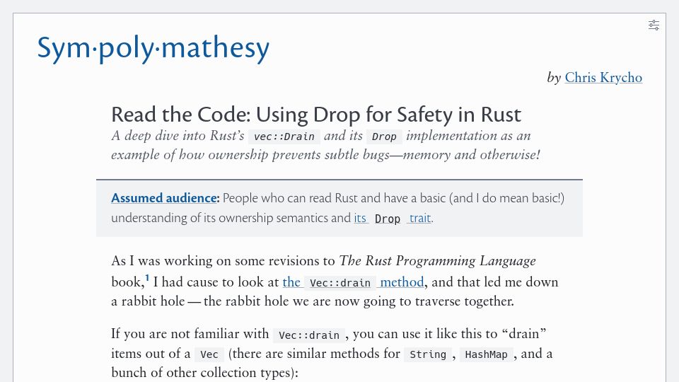 Screenshot of v5.chriskrycho.com: Using Drop for safety in Rust
