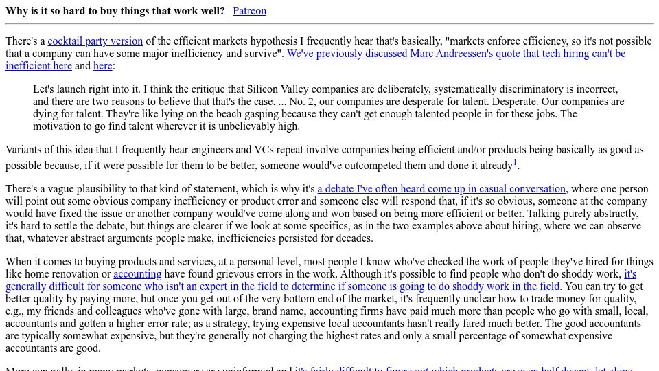 Screenshot of danluu.com: Why is it so hard to buy things that work well? (2022)