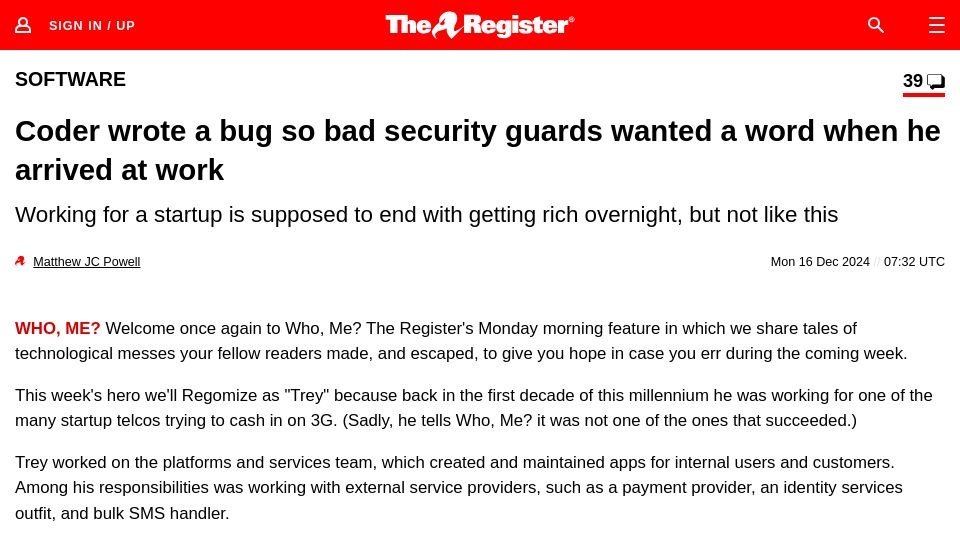 Screenshot of theregister.com: Coder wrote a bug so bad security guards wanted a word when he arrived at work
