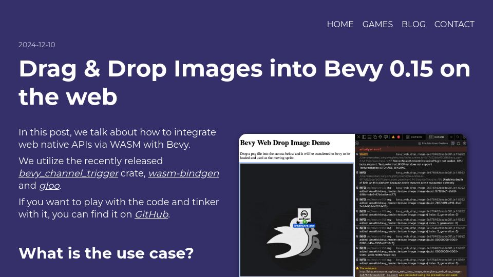 Screenshot of rustunit.com: Drag and Drop Images into Bevy 0.15 on the web
