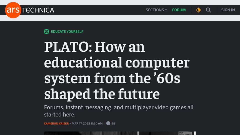 Screenshot of arstechnica.com: PLATO: An educational computer system from the '60s shaped the future (2023)