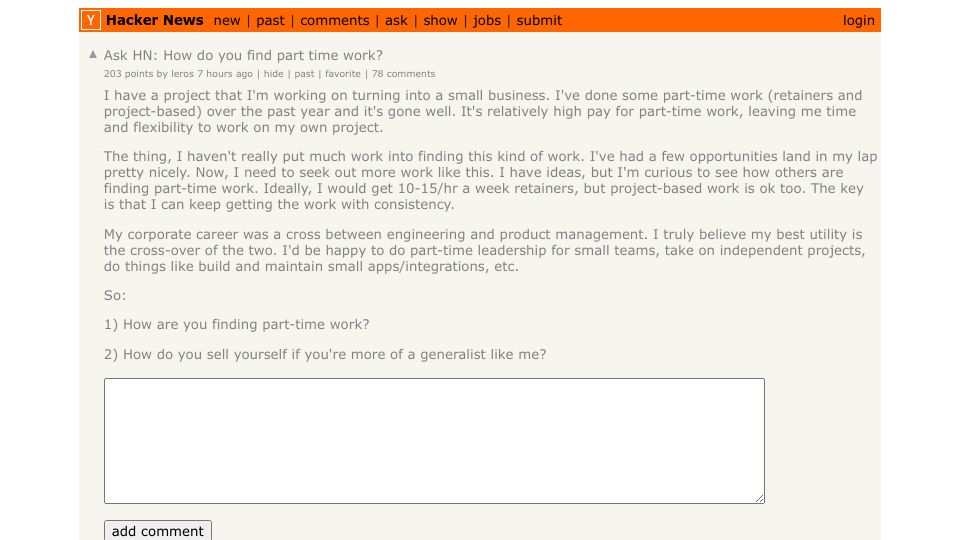 Screenshot of Hacker News post: Ask HN: How do you find part time work?